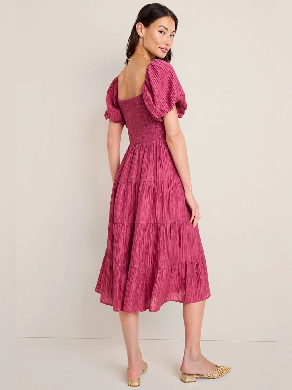Stacey Puff Sleeve Smocked Rose Boho Midi Dress